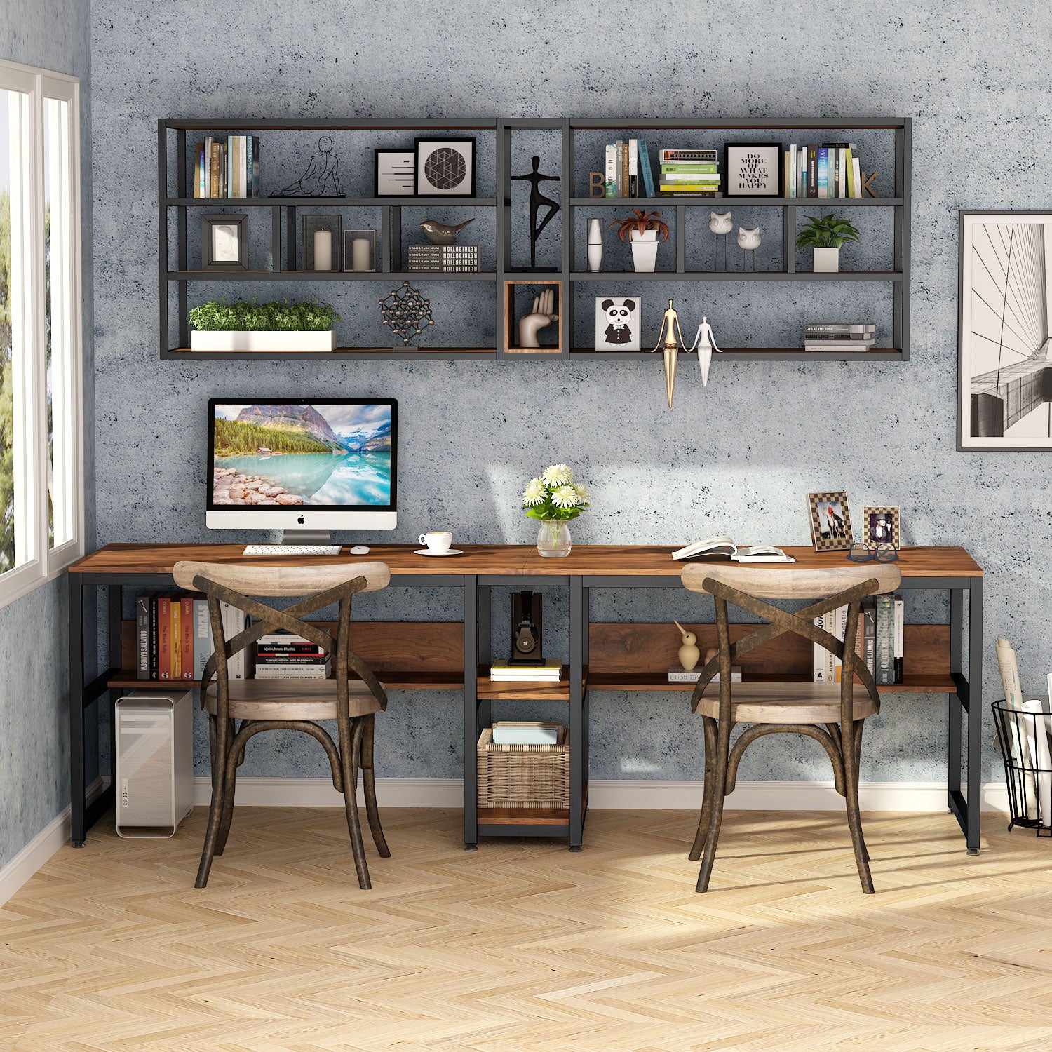 78.7" Two Person Desk with Bookshelf